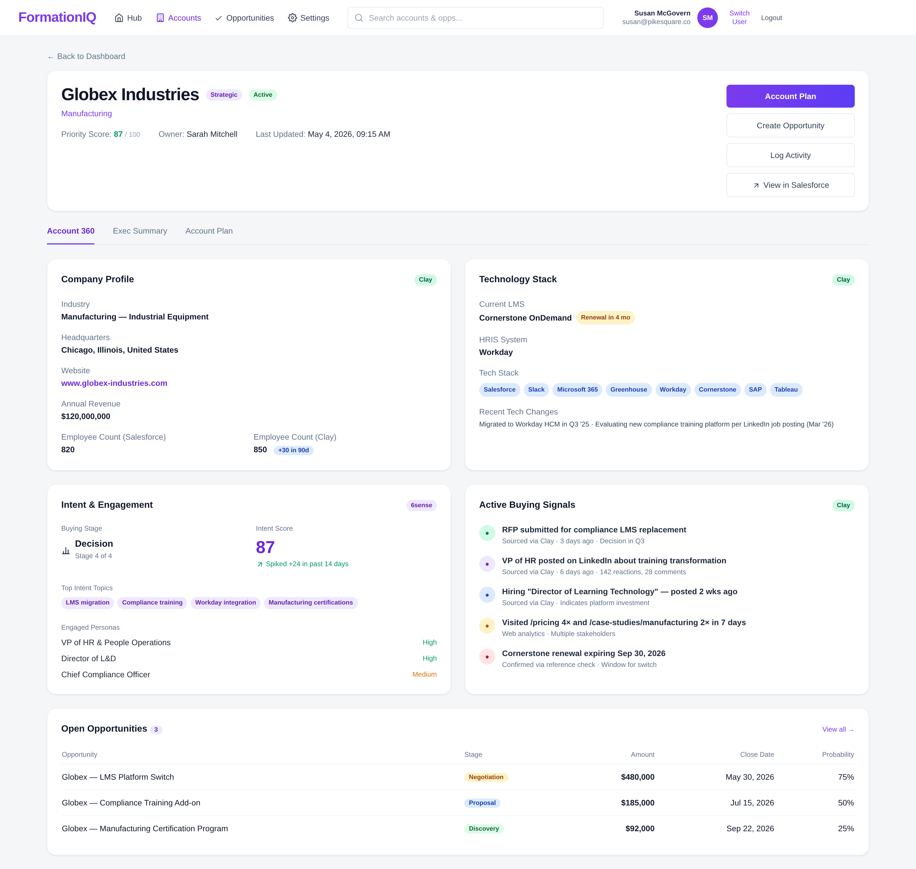 Account 360 — company profile, technology stack, intent signals, and active buying signals from Clay and 6sense.