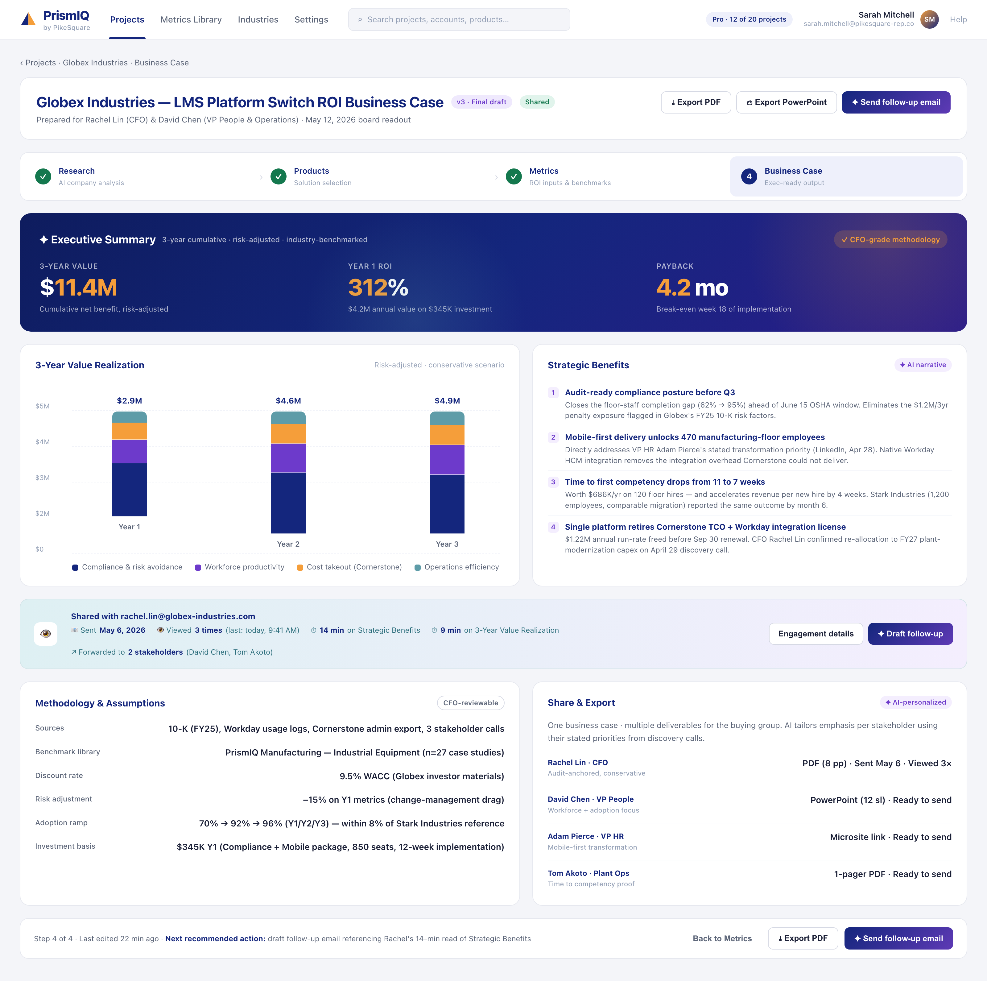 A CFO-grade business case the rep can send, track, and follow up on — with engagement insight by stakeholder.