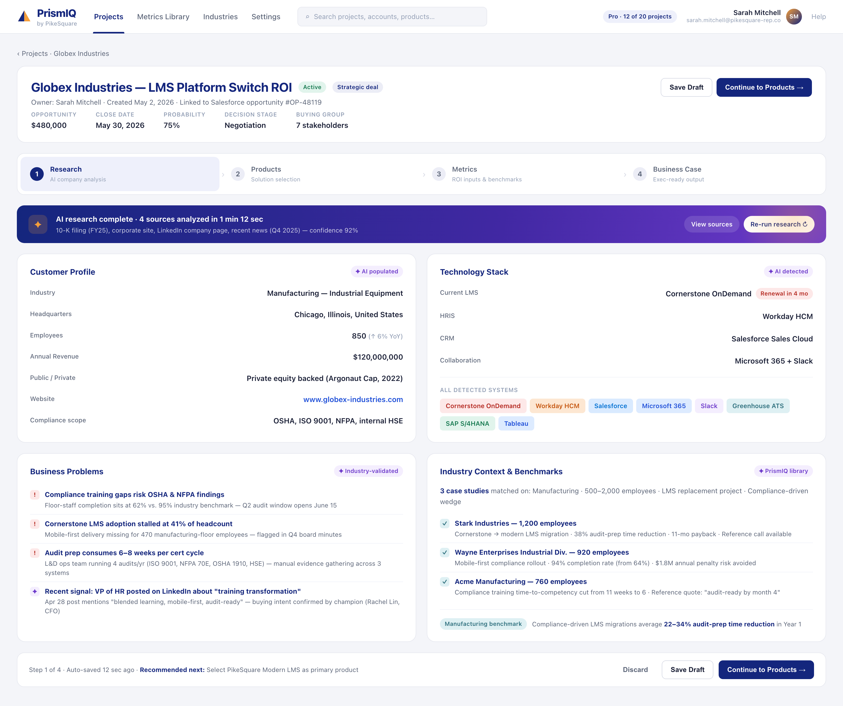 AI Company Research — pulls industry, headcount, tech stack, and the compliance gap that makes the deal in seconds.